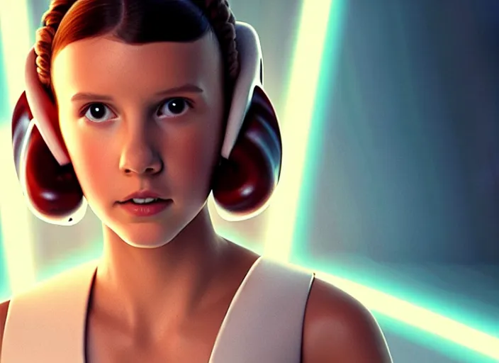 Image similar to film still of!!!! millie bobby brown!!! as princess leia in a white dress in star wars movie, closeup portrait, exploring interior of a spaceship, glamour pose, dramatic lighting, octane, mist, volumetric lighting, 8 k