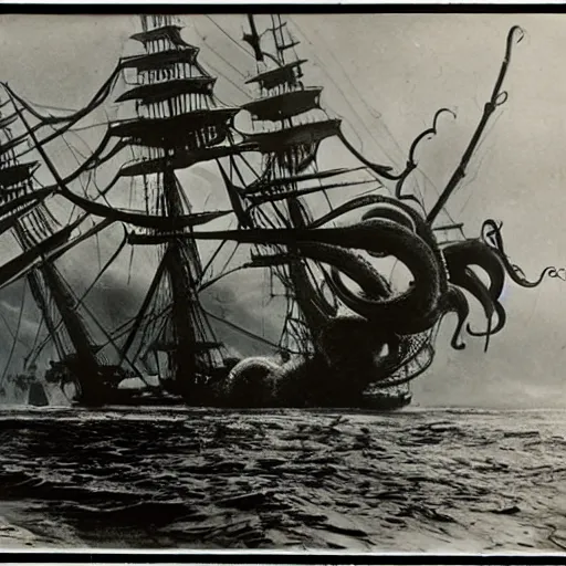 Prompt: an impossibly huge pirate ship, being attacked by a kraken, giant tentacles. 1910s photograph