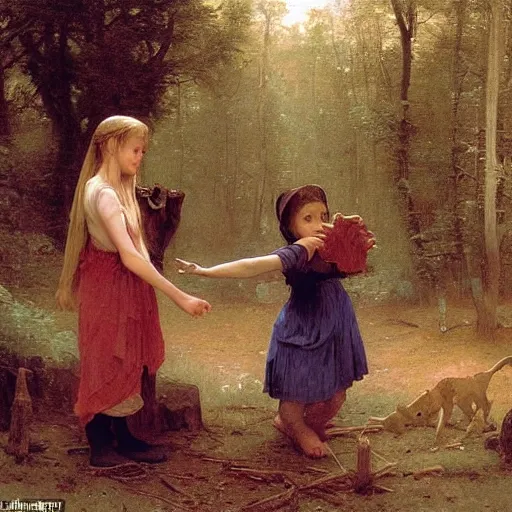 Prompt: an eerie, realistic illustration of a full-sized witch\'s gingerbread house covered in candy in the middle of dark and twisted woods, being visited by a poor waif brother and sister eating the candy, by Bouguereau, John William Waterhouse and Thomas Kincade