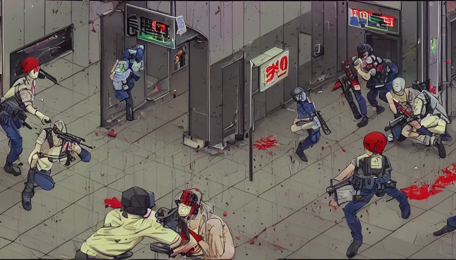 Prompt: 1994 Video Game Screenshot, Anime Neo-tokyo Cyborg bank robbers vs police, Set inside of the Bank Lobby, Multiplayer set-piece in bank lobby :9, Police officers under heavy fire, Police Calling for back up, Bullet Holes and Blood Splatter, :6 Smoke Grenades, Riot Shields, Large Caliber Sniper Fire, Chaos, Anime Cyberpunk, Anime Bullet VFX, Machine Gun Fire, Violent Gun Action, Shootout, Escape From Tarkov, Intruder, Payday 2, 8k :4 by Katsuhiro Otomo: 9