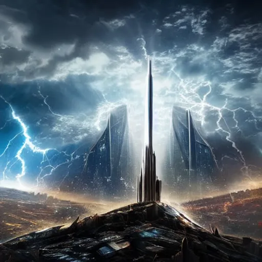 Image similar to the fall of god onto the earth caused by man, shattered earth, destroyed futuristic cities in the background, a gleaming tower in the horizon with light piercing the clouds, apocalyptic, atmospheric, high quality, high definition