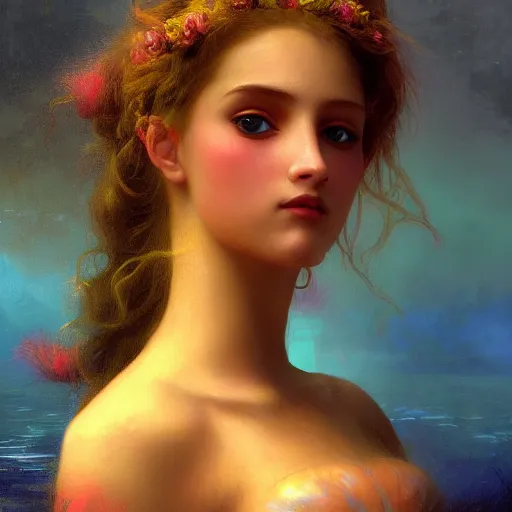 Image similar to a beautiful stunning interesting detailed fantasy whimsical matte digital portrait illustration of a mermaid with turqoise hair, yellow-orange and red-violet sunset, spectacular sunset, in the style of William Adolphe-Bouguereau and Marc Simonetti and Ross Tran, magic the gathering, trending on artstation hq, contest winner