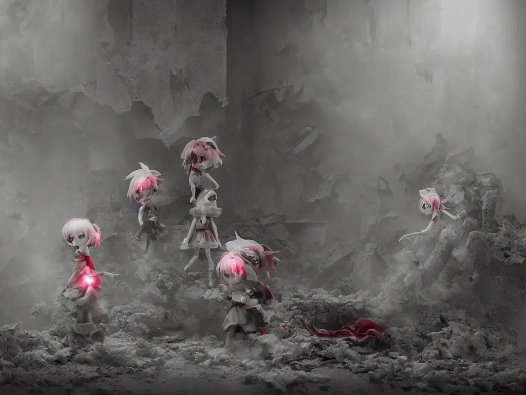 Prompt: cute fumo plush girl ghosts playing in a mysterious concrete wartorn brutalist ruin infected by strands of red parasitic fungus, chibi gothic maiden in tattered rags, dramatic three point lighting, glowing wisps of hazy smoke and volumetric fog swirling about, vray