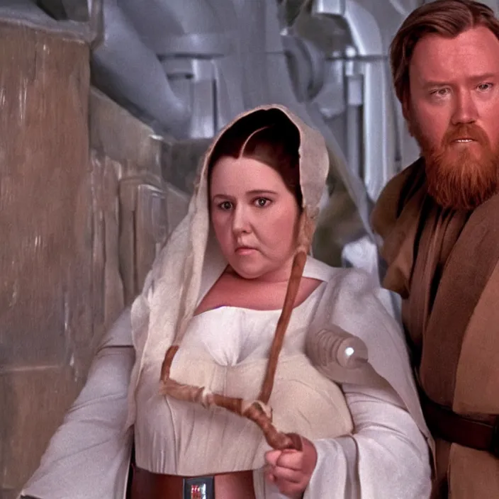 Image similar to obi wan kenobi but obese!! and overweight dressed as as princess leia, photoralistic rendering, movie still, screenshot, hyperdetailed