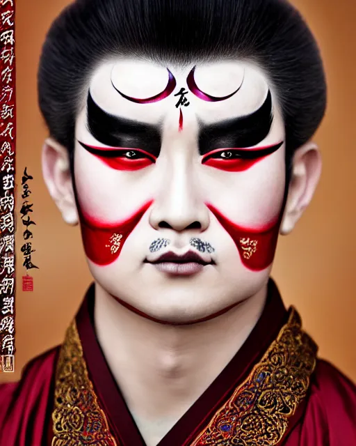 Image similar to photo of a Dramatic Peking Opera male character wearing elaborate makeup with Sanskrit devanagari script words painted on face in the style of stefan kostic, realistic, sharp focus, symmetric, 8k high definition, insanely detailed, intricate, elegant, art by stanley lau and artgerm, William-Adolphe Bouguereau