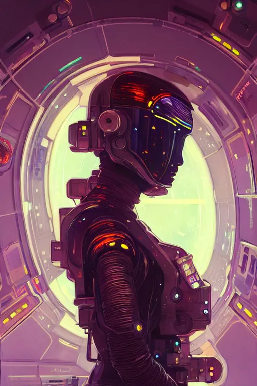 Image similar to portrait armored astronaut girl, inside spaceship command room viewing galaxy, ssci-fi neon light effect flushing and fantasy, intricate and very very beautiful and elegant, highly detailed, digital painting, artstation, concept art, smooth and sharp focus, illustration, art by tian zi and WLOP and alphonse mucha