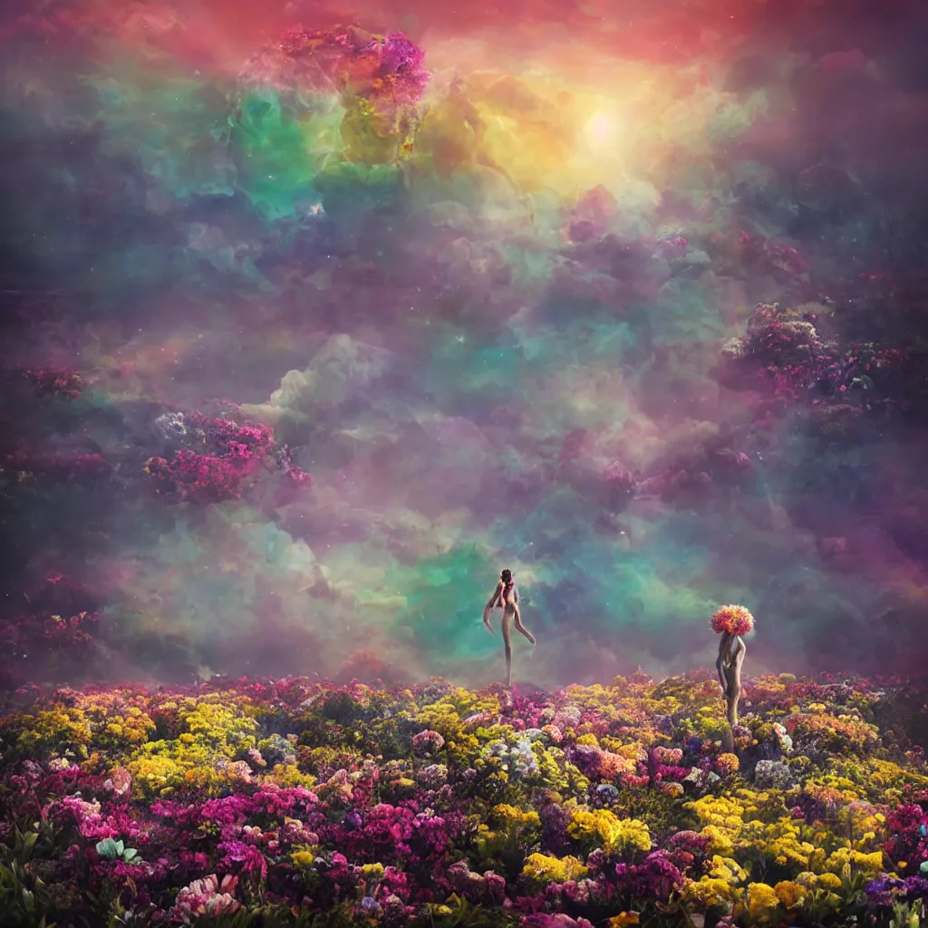 Image similar to a planet of various flowers, fungus and plants, in which the human figure is dressed in something magical and impressive, inside the picture is infinity, sunset light, Atmospheric phenomenon, artistic photography, muted colors, conceptual, long exposure outside the city