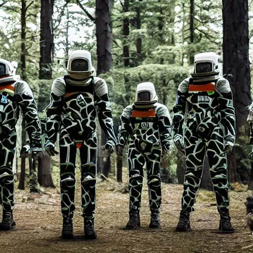 Image similar to a squad of space scouts wearing camo uniforms with white armor and helmets and a tall robot exploring a forest planet