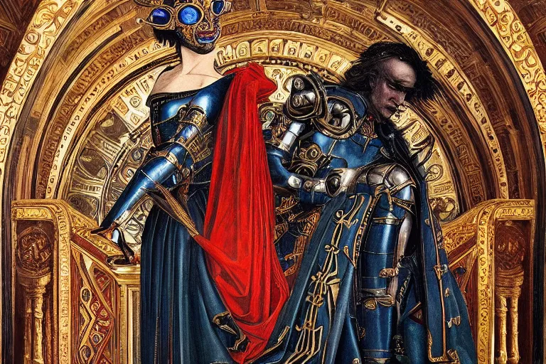 Image similar to beautifully painted mural portrait of a cyborg king in ornate royal garments sitting in his royal throne room, piercing glowing eyes, intricate, elegant, incredible lighting, sci fi scenery, fantasy setting, vogue cover poses, mural in the style of sandro botticelli, caravaggio, albrecth durer