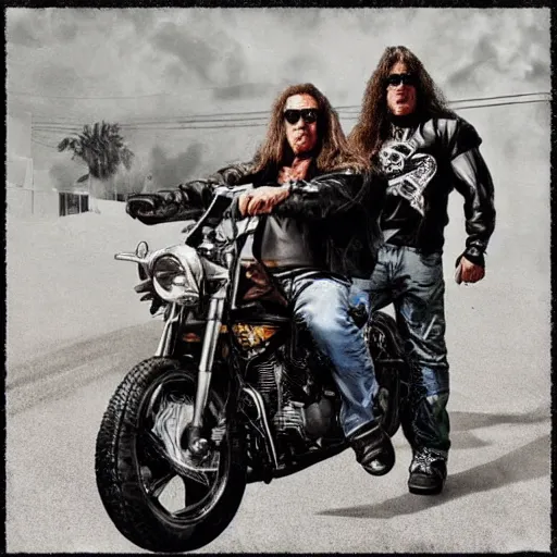 Prompt: thrash metal album cover with arnold schwarzenegger riding a motorcycle by ed repka
