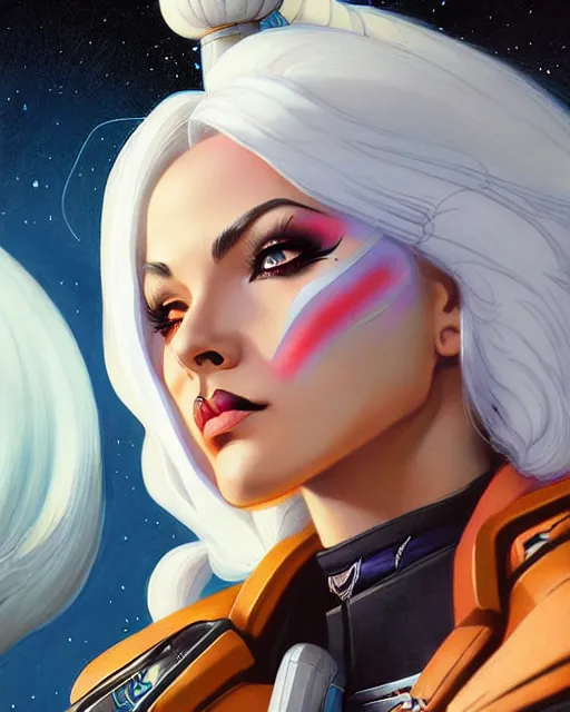 Prompt: ashe from overwatch, white hair, space cowgirl, character portrait, portrait, close up, concept art, intricate details, highly detailed, vintage sci - fi poster, retro future, in the style of chris foss, rodger dean, moebius, michael whelan, and gustave dore