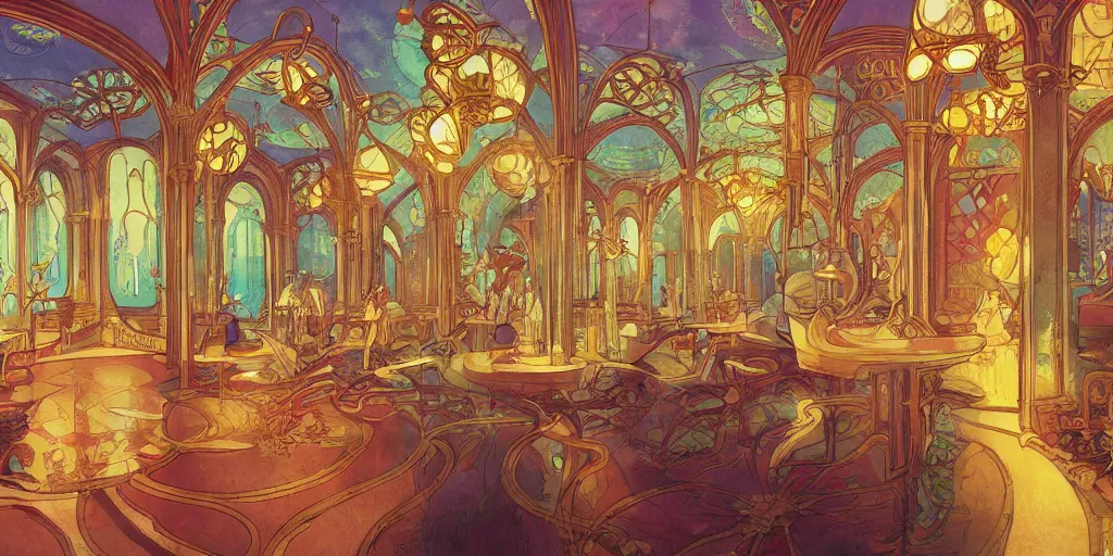 Image similar to an art nouveau decorated alchemy room, magical, bright, colorful, fantastic lighting, amazing details, 4 k uhd, illustration by hayao miyazaki and makoto shinkai and ilya kuvshinov, artstation, pixiv,