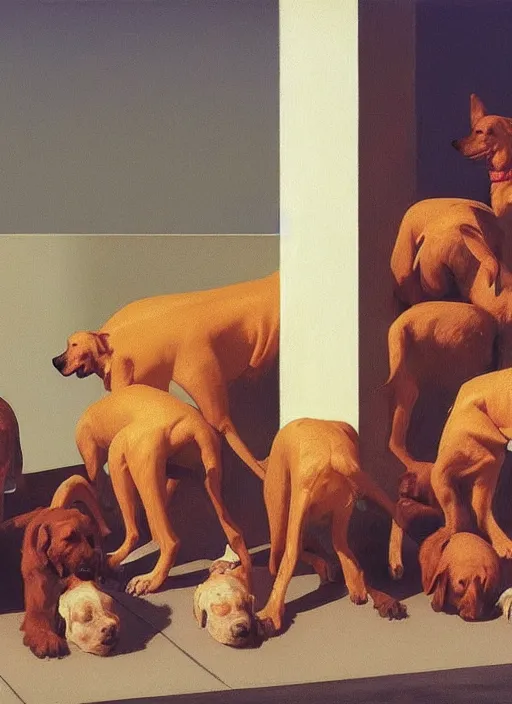 Image similar to crowd of dogs with recovery cones Edward Hopper and James Gilleard, Zdzislaw Beksinski highly detailed