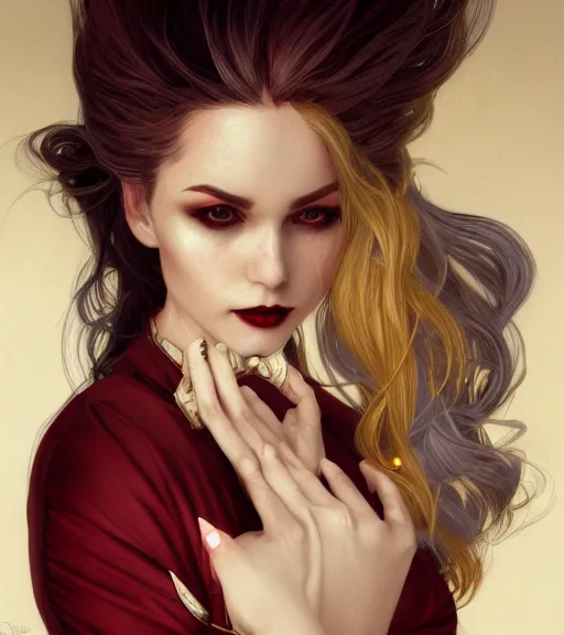 Prompt: a vampire girl wearing a golden dress, grey hair, red necktie, cinematic, stunning, highly detailed, digital painting, artstation, smooth, hard focus, full body shot, illustration, art by artgerm and greg rutkowski and alphonse mucha