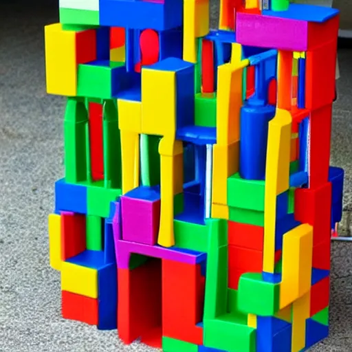 Prompt: city building made out of kids building blocks, colorful, vibrant