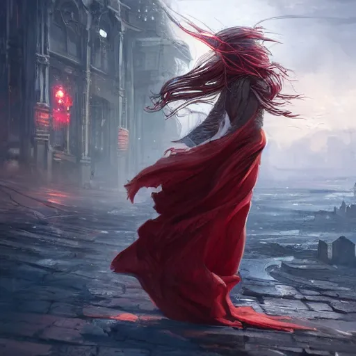 Image similar to a woman with long hair and with red long dress balancing with wind in urban scene, highly detailed, illustration, fantasy art, in the style of greg rutkowski, epic, fantasy, intricate, hyper detailed, artstation, concept art, smooth, sharp focus, ray tracing