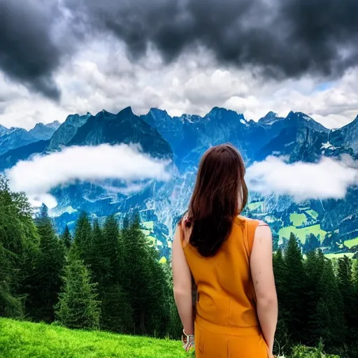 Image similar to a beautiful photograph of a girl with switzerland landscape in the background with trees, hdr, 8 k, high quality, sharp focus, artstation, highly detailed, award - winning, dramatic lighting, beautiful clouds, and nature