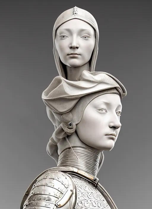 Prompt: a medieval female soldier, elegant, filigree renaissance sculpture from marble, brilliant symmetry, created by verrocchio andrea, leonardo da vinci, sandro botticelli, raffaelle monti, epic 7 0 mm lens shot, artstation trending, photorealism, sharp focus, smooth, establishing shot, sense of awe