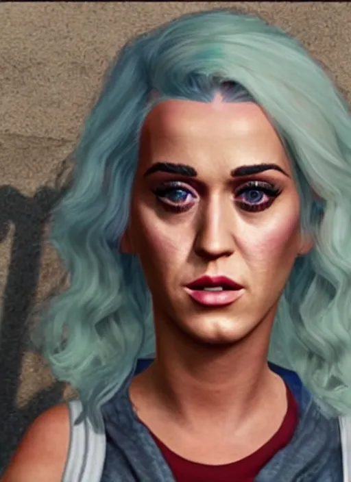 Prompt: Homeless portrait of Katy Perry, in GTA V, Stephen Bliss