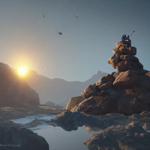 Image similar to a giant robot made out of rocks standing on mountains during foggy weather and a planet in the backround, award winning, trending on artstation, unreal engine