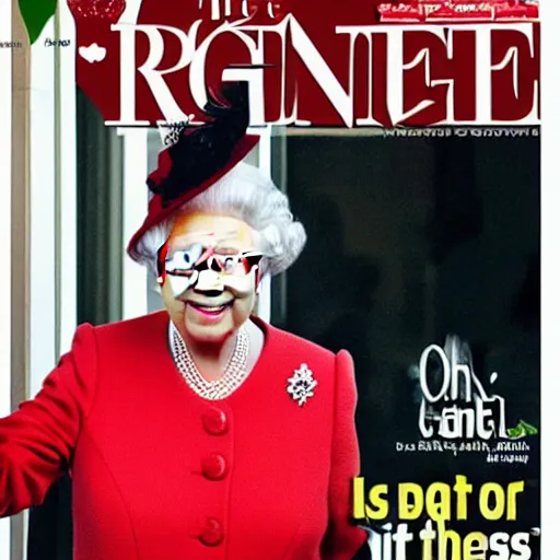 Image similar to the queen of england grinning and flipping the bird, in a magazine cover photo.