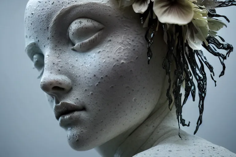 Image similar to a sculpture of a beautiful woman with flowing tears, fractal flowers on the skin, intricate, a marble sculpture by nicola samori, behance, neo - expressionism, marble sculpture, apocalypse art, made of mist, still frame from the prometheus movie by ridley scott with cinematogrophy of christopher doyle, arri alexa, anamorphic bokeh, 8 k