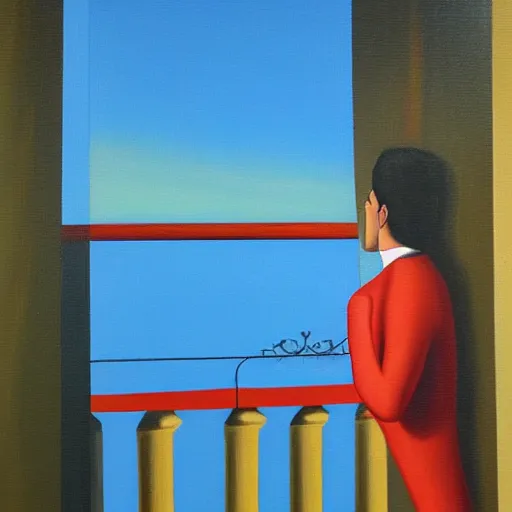 Image similar to a man looking out from the balcony thinking about the person he is in love with. oil canvas in the style of Dali