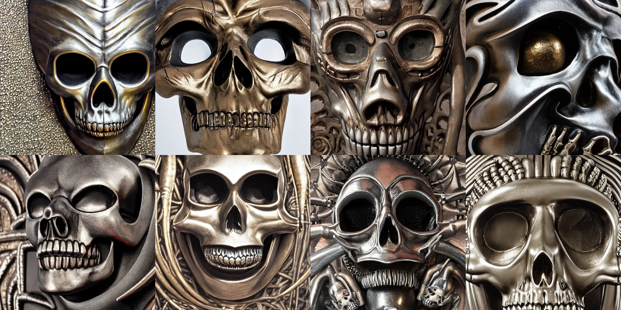 Prompt: closeup of metalic mural, carnaval mask, skull, by giger, h.r giger, hr giger, highly detailed,soft lighting, film grain, medium format, 8k resolution, oil on canvas