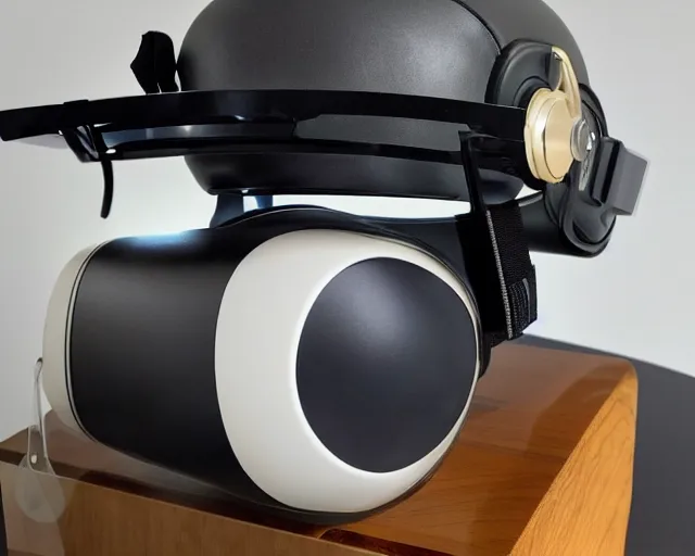 Image similar to Professional slick Product marketing photo. Steam's Valve Index HMD VR Headset. Designed by artist Syd Mead. Lighting and style by painter James Gurney. Slick and shiny presentation. Well organized and minimalist.