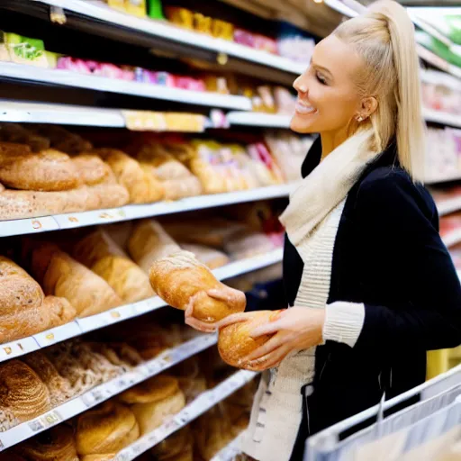 Image similar to rich blonde woman shopping for bread in a supermarket