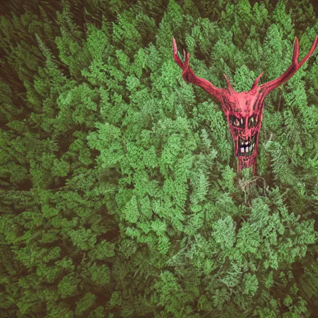 Prompt: bloody wendigo in forest at night, night vision, shot from drone, grainy