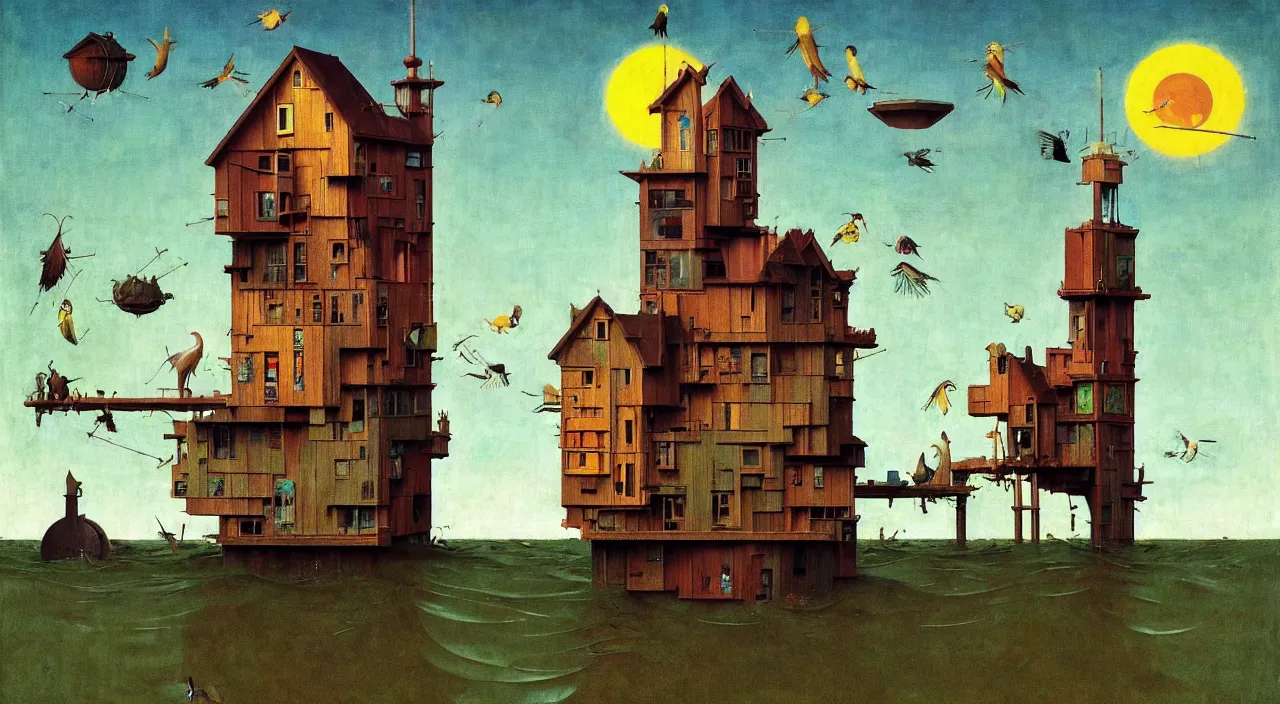 Image similar to single flooded simple!! birdhouse tower anatomy, very coherent and colorful high contrast masterpiece by norman rockwell franz sedlacek hieronymus bosch dean ellis simon stalenhag rene magritte gediminas pranckevicius, dark shadows, sunny day, hard lighting