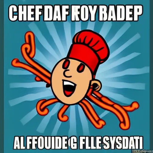 Prompt: Chef Boyardee fighting the Flying Spaghetti Monster