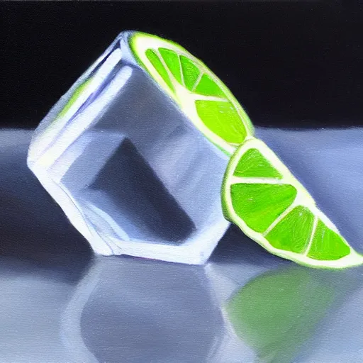 Prompt: oil painting of an ice cube in front of a slice of lime.