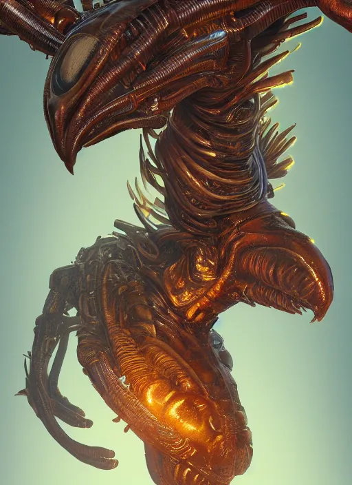 Image similar to alien chicken, hyper detailed, digital art, trending in artstation, cinematic lighting, studio quality, smooth render, unreal engine 5 rendered, octane rendered, art style by klimt and nixeu and ian sprigger and wlop and krenz cushart.