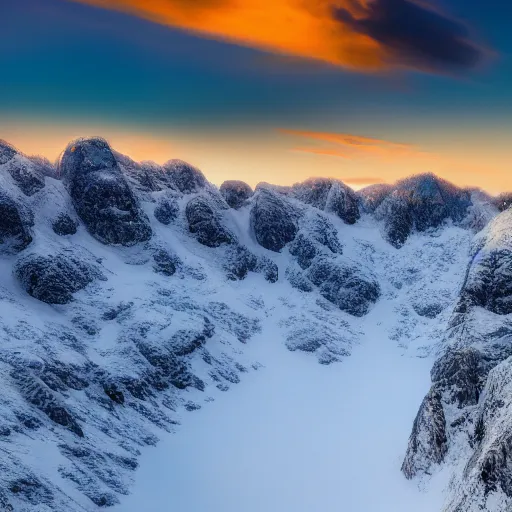 Image similar to tall snowy mountain range, realistic, detailed, award winning photo, sunset, 8 k