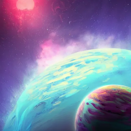 Prompt: a detailed matte painting of a marble - like water planet with continents orbiting a large purple sun in a sea of stars surrounded by colorful swirling gas clouds, by alena aenami, petros afshar and greg rutkowski trending on artstation, deviantart, planet, clouds, earth, exoplanet, stars, nubulae hubble, 8 k, 4 k
