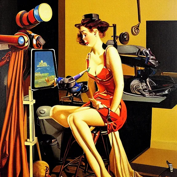 Image similar to robot artist painting a self - portrait on a canvas. intricate, highly detailed, photorealistic, film still, by gil elvgren.