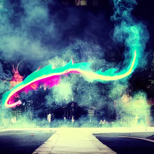 Image similar to dimly lit muted multi-color smoke (blues, greens), muted neon smoke, smoke reminiscent of vague outline of fierce flying dragons with large outstretched wings, sun shaft, over a large city park, photographic, stunning, inspiring, super high energy, swift, fast, fleeting