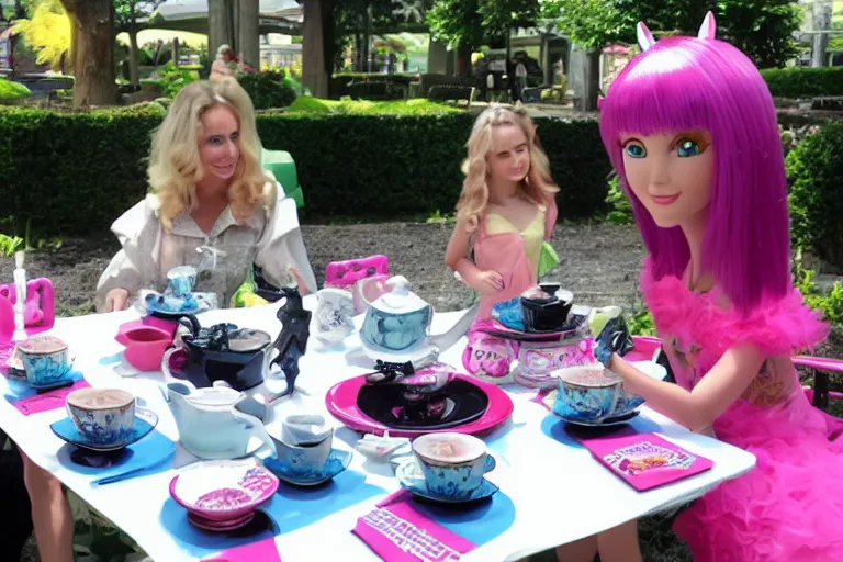 Image similar to Godzilla tea party with Barbie