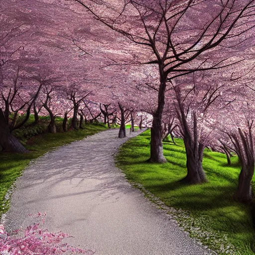 Image similar to stone path through a cherry blossom filled valley leading to a monastery, matte painting, adult swim