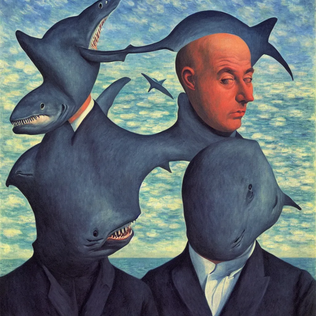 Prompt: super up close, self portrait of a shark humanoid man, by rene magritte, monet, and turner