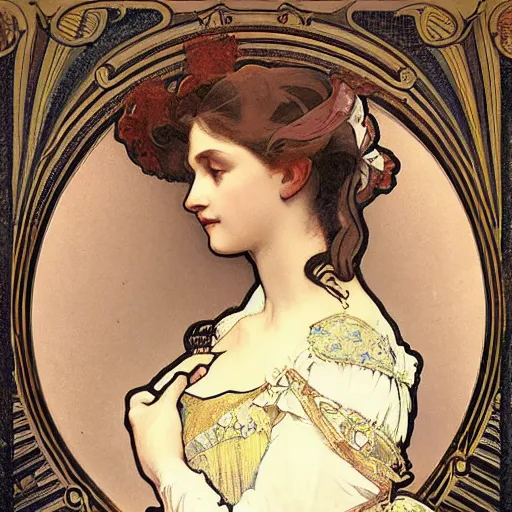 Image similar to young victorian lady in ball gown, painted by alphonse mucha