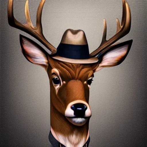 Image similar to a upper body portrait of a deer in a pinstriped suit and pants wearing a fedora with the antlers sticking out of the fedora by artgerm and wlop, intricate detail, digital art, photorealistic, trending on artstation