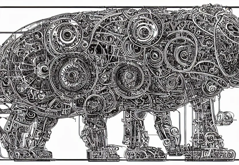 Image similar to small schematic blueprint of highly detailed ornate filigreed convoluted ornamented elaborate cybernetic rat, centered composition, wide angle, zoomed out, art by da vinci