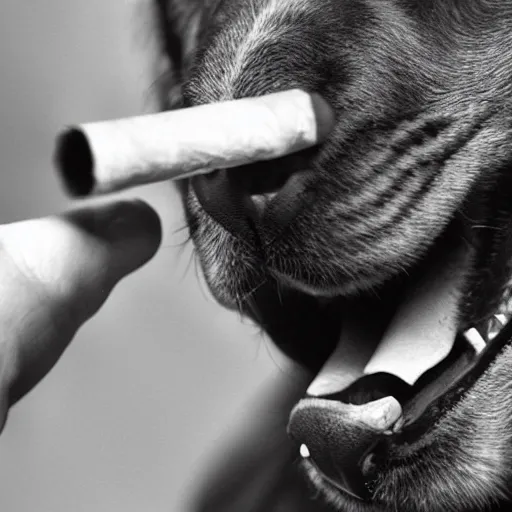 Image similar to a high detail closeup photograph of a dog smoking a cigarrette🚬, award wining photograph