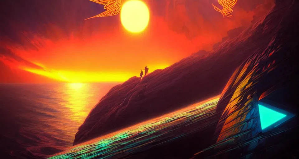 Image similar to psychedelic tron wings in front mind bending sunset, cliffside ocean scene, backlit, aesthetic, diffuse lighting, hyper realistic, elegant, intricate, hyper detailed, smooth, sharp focus, concept art, illustration, trending on artstation, art by artem demura, greg rutkowski, james gurney, and alphonse mucha