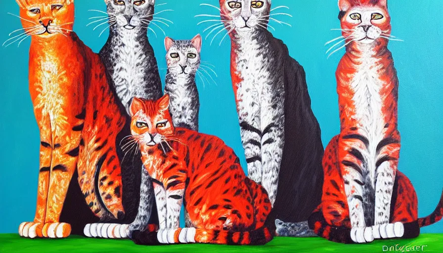 Image similar to messy acrylic painting of really tall cats by daniel patrick kessler, kessler art