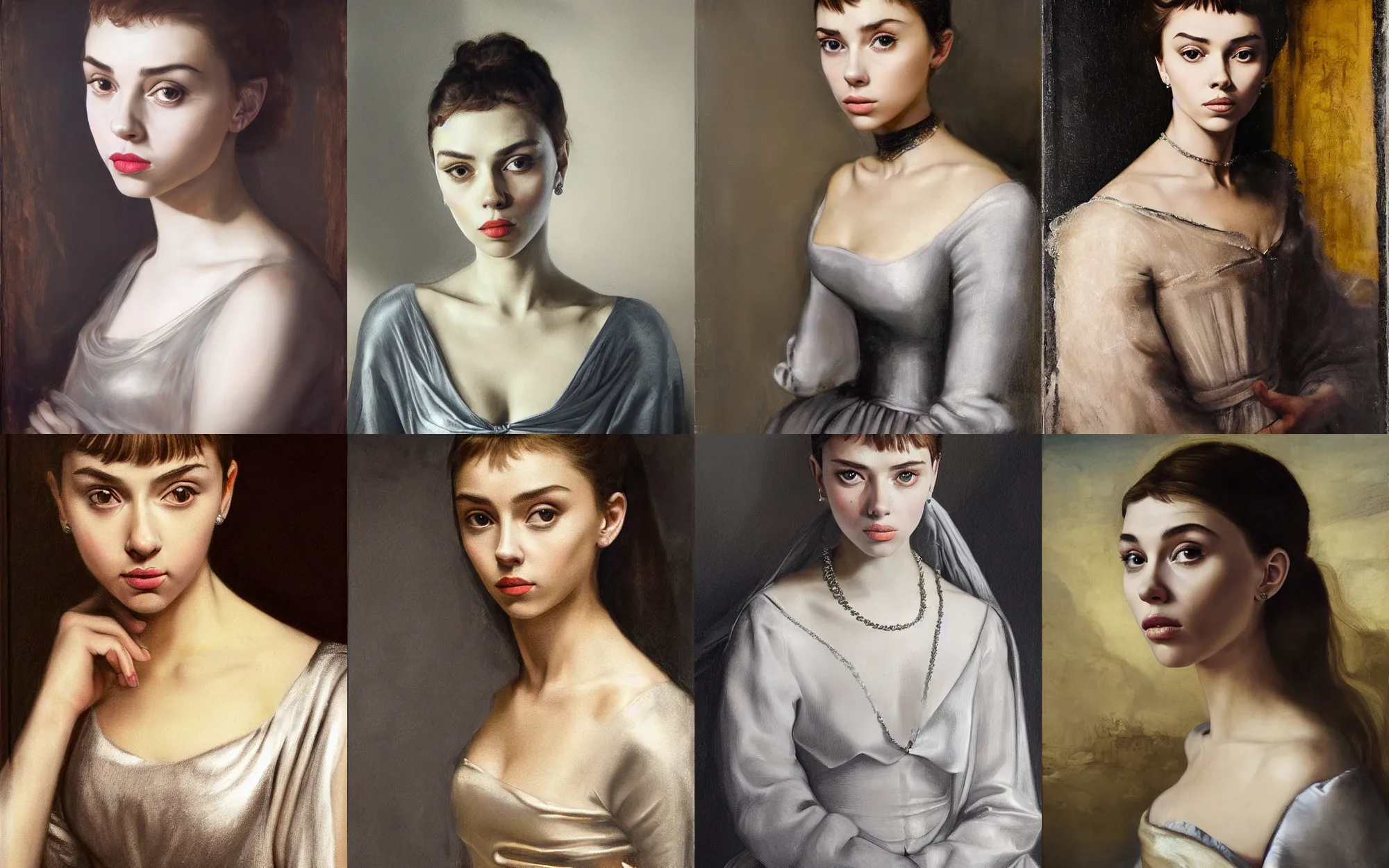 Prompt: dramtically lit, chiarascuro, high quality painting of a girl who looks like 16-year old Audrey Hepburn and Scarlett Johansson, with parted lips and stunning, anxious eyes, wearing a silver satin gown, by Rembrandt and Leonardo Davinci
