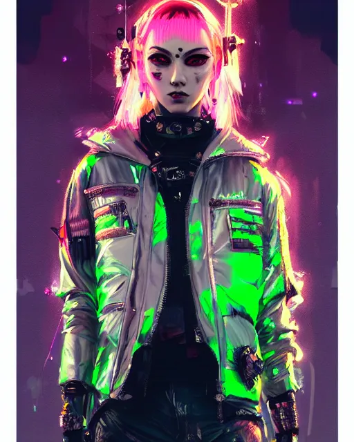 Image similar to detailed portrait Punk Girl cyberpunk futuristic ((neon)) Reflective puffy sheen film jacket, decorated with traditional japanese ornaments by ismail inceoglu dragan bibin hans thoma greg rutkowski Alexandros Pyromallis Nekro Rene Margitte illustrated Perfect face, fine details, realistic shaded, fine-face, pretty face